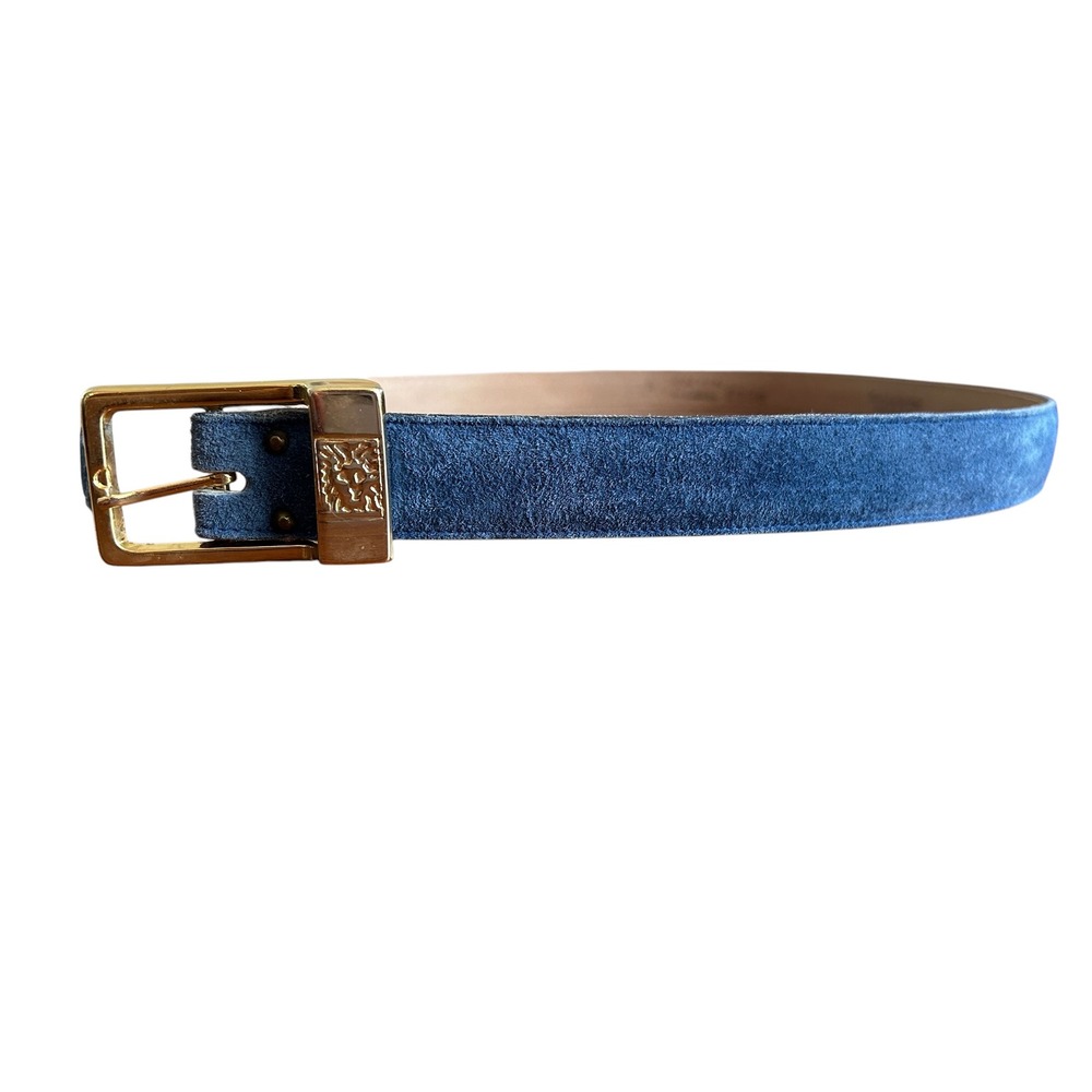 Anne Klein for Calderon Blue Suede Leather Belt Gold Lion Buckle Vintage Size S